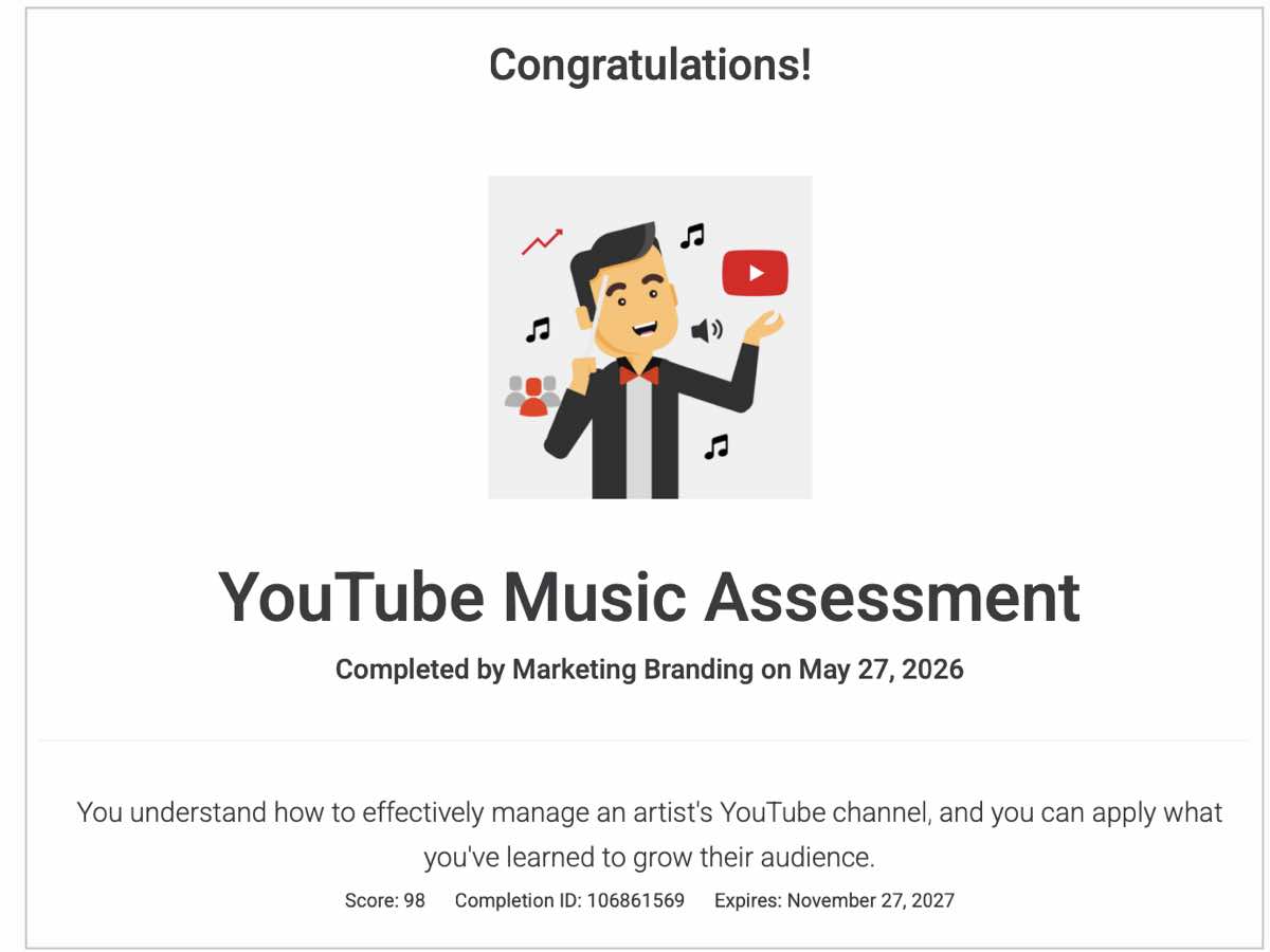 certificado Manejo Digital Youtube Music